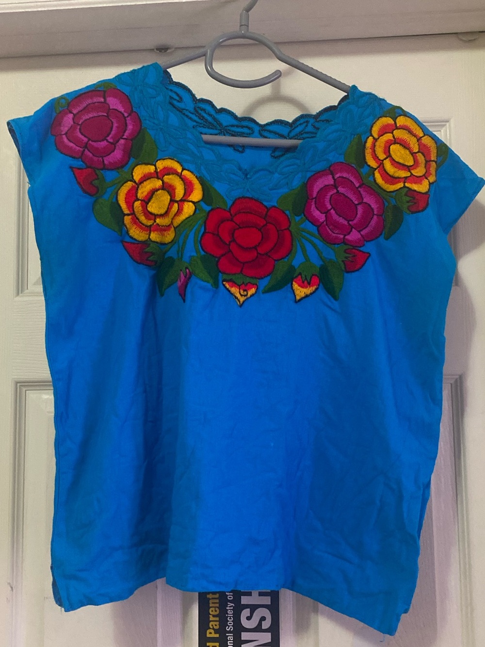 Mexican Embroidered Floral Blue Cap-Sleeve Women’s Top